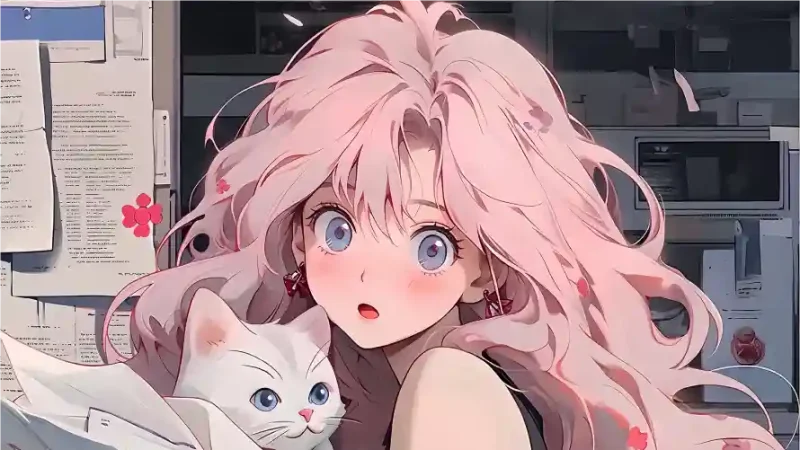 [电脑壁纸][100003]粉色少女与猫-优聚网