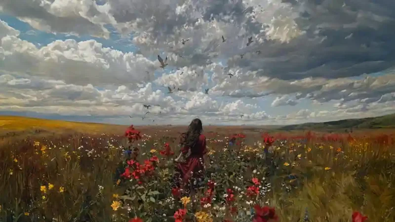 [电脑壁纸][100006]草原花海红衣少女-优聚网